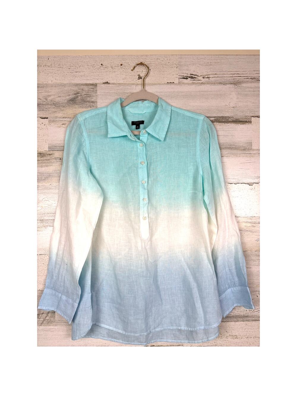Talbots Womens M Petite Blue White Ombre Linen Long Sleeve Button Down Shirt